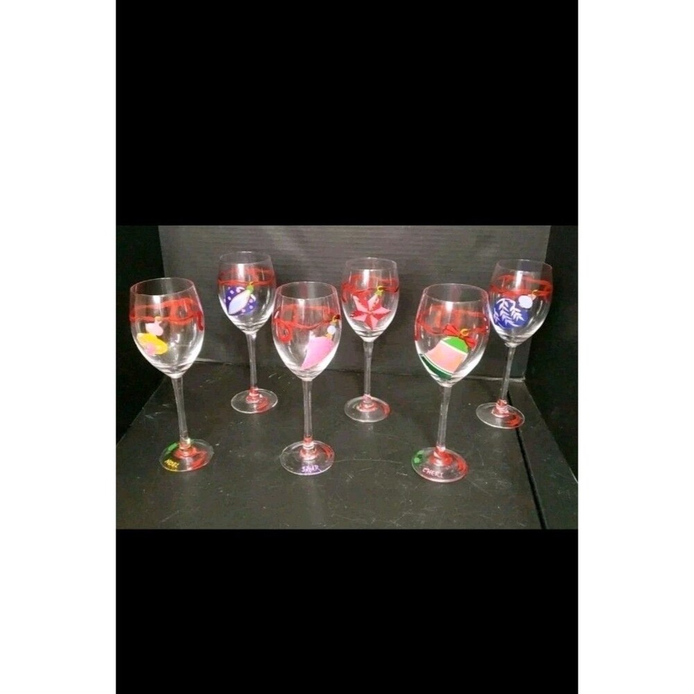 Hand-painted Christmas Stemware Wine Water Glasses W/ Ornaments 6 Pc Block Set